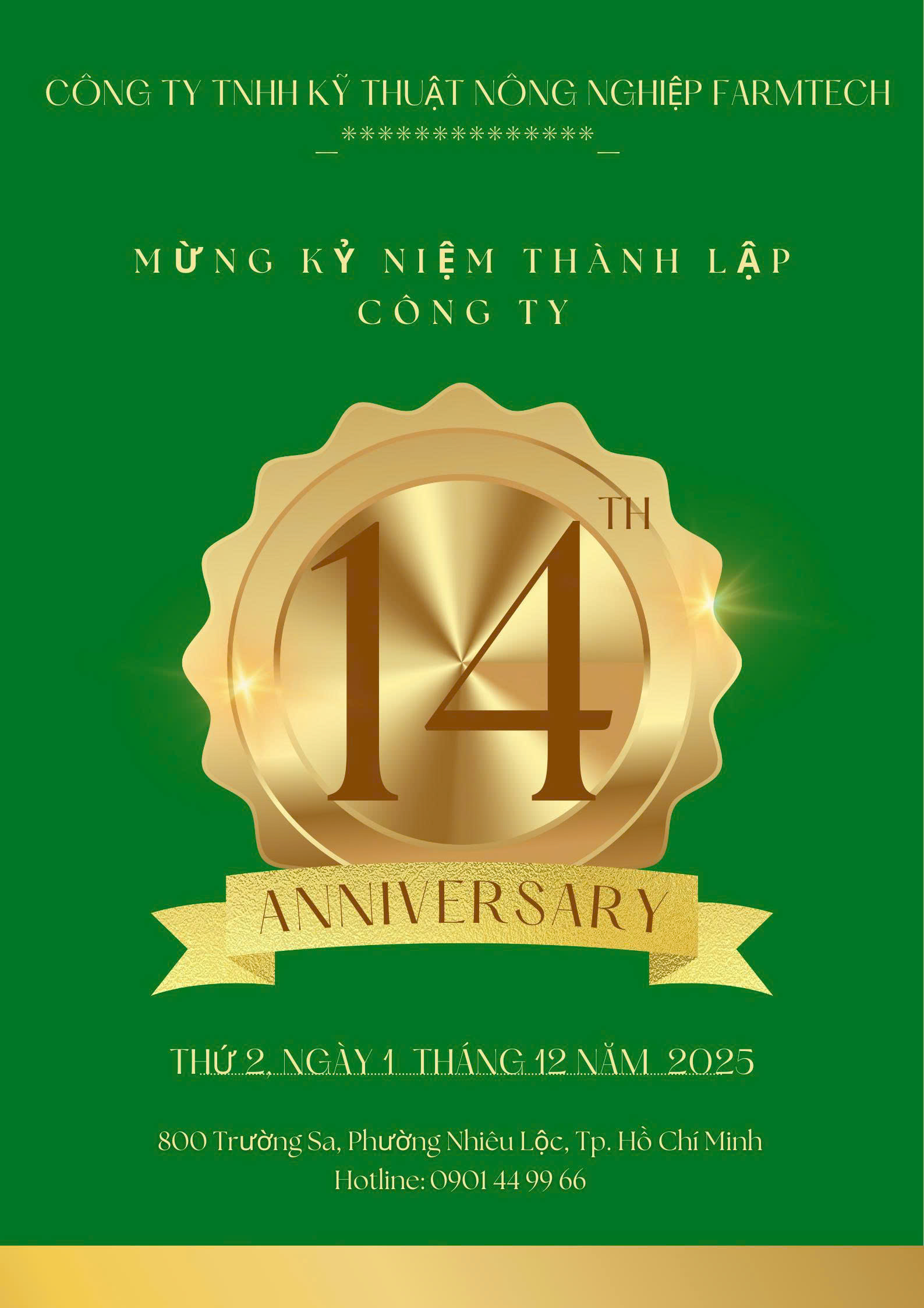 Ngày 01/12/2025 đánh dấu một cột mốc đặc biệt quan trọng trong hành trình phát triển của Công ty Farmtech – 14 năm hình thành, đổi mới và không ngừng khẳng định vị thế trong lĩnh vực công nghệ nông nghiệp và chăn nuôi tại Việt Nam.